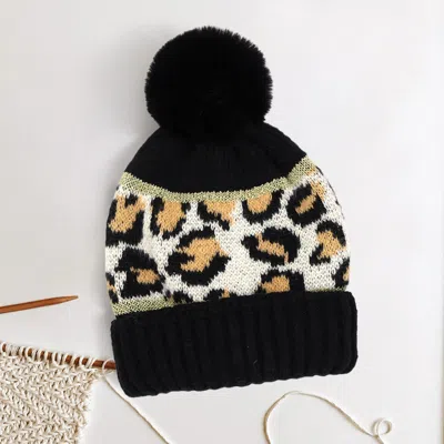 Fashnzfab Leopard Patterned Pom Pom Beanie Hat In Black
