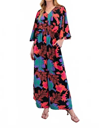 Easel Half Sleeves V Neck Printed Romper In Multicolor In Multi