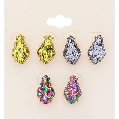 Fashnzfab 3pairs - Glittered Petal Stud Earrings In Multi