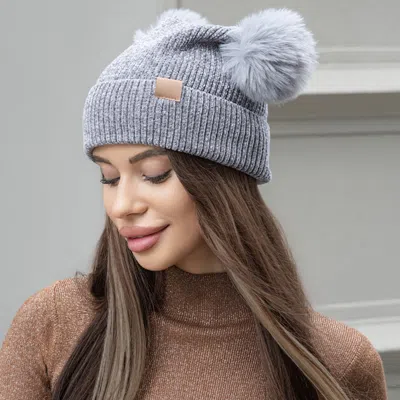 Fashnzfab Double Pom Pom Pointed Beanie Hat In Gray