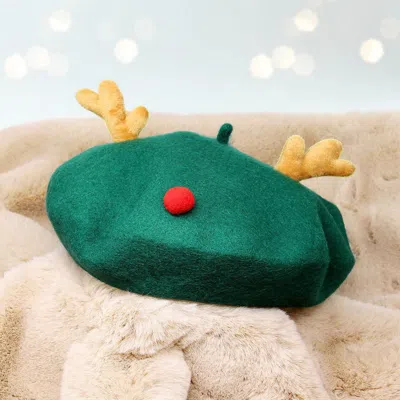 Fashnzfab Wool Blended Christmas Rudolph Pointed Beret Hat In Green