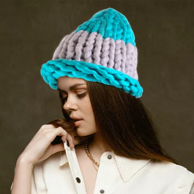 Fashnzfab Color Block Big Loop Yarn Knit Beanie Hat In Blue
