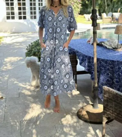 Just Darviny Claire Short Sleeve Midi Dress In Aztec Navy In Multi