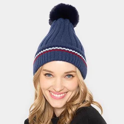 Fashnzfab Stripe Pointed Faux Fur Pom Pom Knit Beanie Hat In Blue