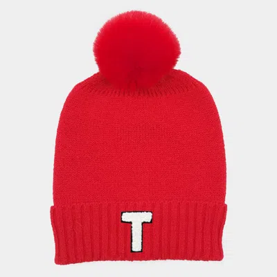 Fashnzfab -t- Initial Monogram Faux Fur Pom Pom Knit Beanie Hat In Red