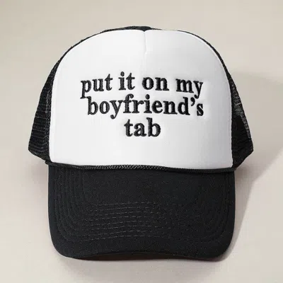 Fashnzfab Put It On My Boyfriends Tab Embroidered Mesh Back Trucker Cap In Black