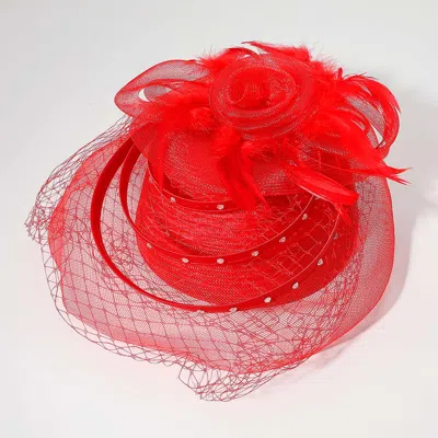 Fashnzfab Mesh Flower Feather Pointed Fascinator / Dressy Hat In Red