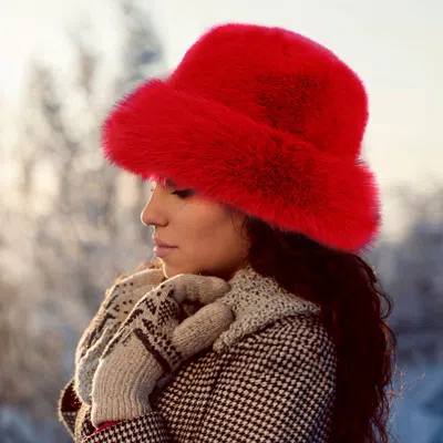 Fashnzfab Faux Fur Russian Style Plush Bucket Hat In Red