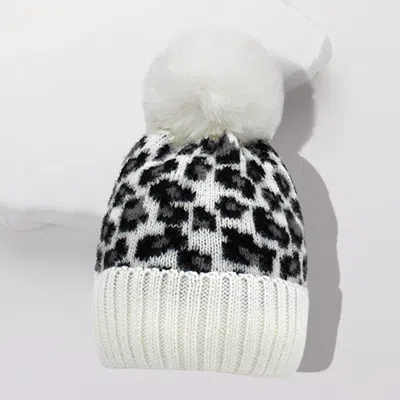 Fashnzfab Leopard Pattern Pom Pom Beanie Hat In White