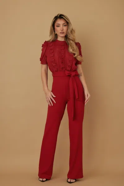 Truedames Multi Butterfly Sheer Pattern Jumpsuit In Red