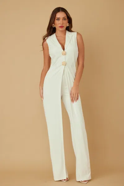Truedames Open Flap With Metal Shank Button Jumpsuit In White