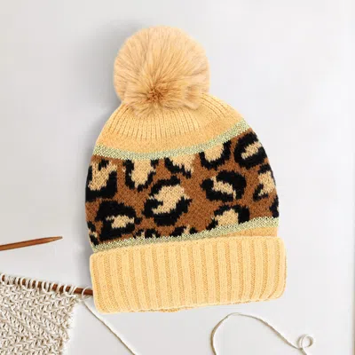 Fashnzfab Leopard Patterned Pom Pom Beanie Hat In Gray