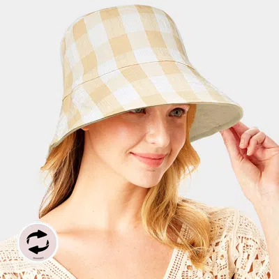 Fashnzfab Wired Brim Plaid Check Patterned Reversible Bucket Hat In Sand