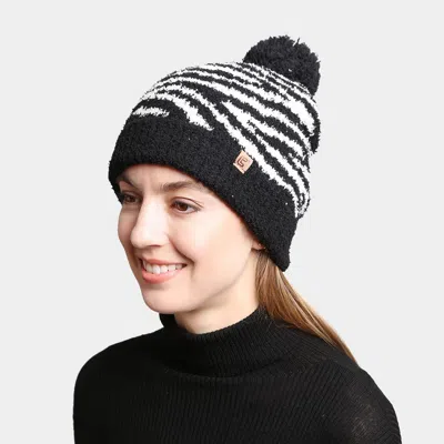 Fashnzfab Zebra Lined Pom-pom Beanie In Black