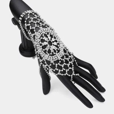 Fashnzfab Rhinestone Paved Flower Pointed Hand Chain Evening Bracelet Silver In Silver