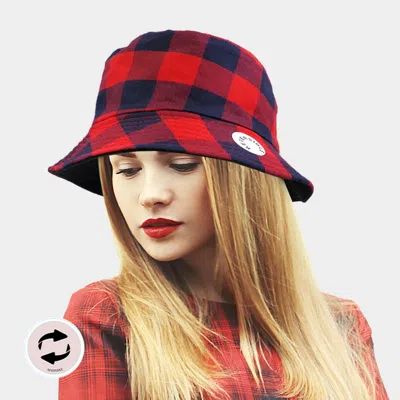 Fashnzfab Reversible Buffalo Check Patterned Bucket Hat In Red
