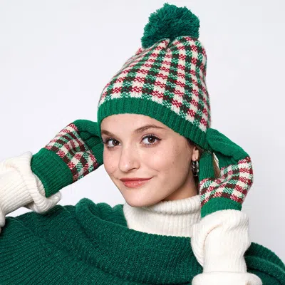 Fashnzfab Check Patterned Pom Pom Beanie Hat In Green