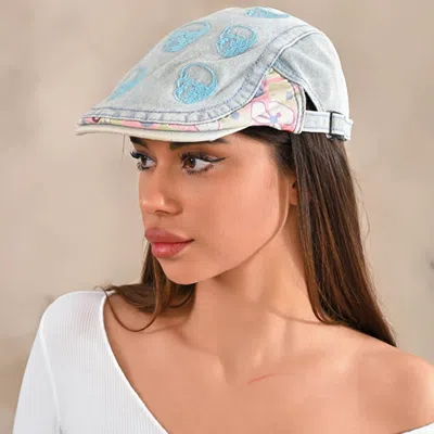 Fashnzfab Skull Flower Printed Newsboy Hat In Blue