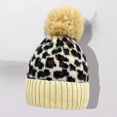 Fashnzfab Leopard Pattern Pom Pom Beanie Hat In Sand