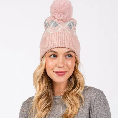 Fashnzfab Wool Blended Argyle Fleece Pom Pom Beanie Hat In Pink