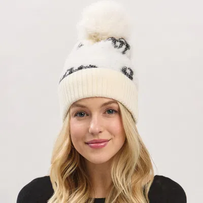 Fashnzfab Paid Pattern Faux Fur Mixed Fleeced Pom Pom Winter Beanie Hat In Multi