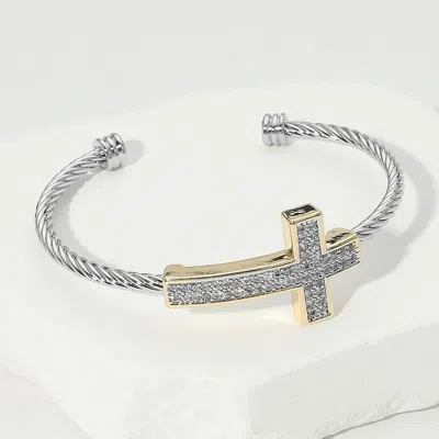 Fashnzfab Cz Stone Paved Cross Accent Two Tone Cuff Bracelet Two Tone In Multi