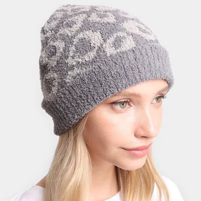 Fashnzfab Leopard Patterned Soft Knit Beanie Hat In Gray