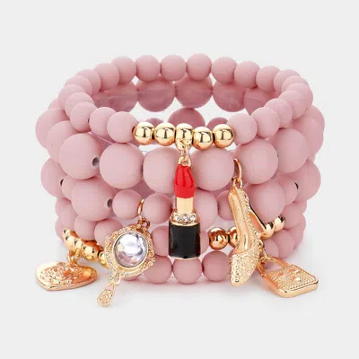 Fashnzfab 5pcs - Flower Heart Hand Mirror Lipstick Stiletto Hill Tote Bag Charm Beaded Stretch Bracelets Gold, In Multi