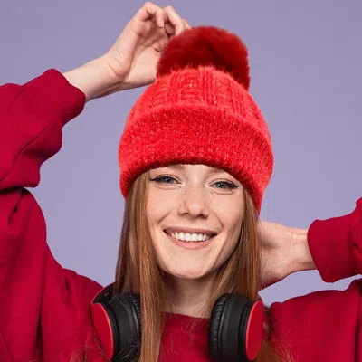 Fashnzfab Fleece Lining Pom Pom Beanie Hat In Red