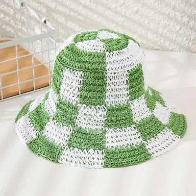 Fashnzfab Checkerboard Patterned Straw Bucket Hat In Green