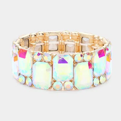 Fashnzfab Rectangle Round Glass Stone Cluster Stretch Evening Bracelet Ab, Gold In Multi