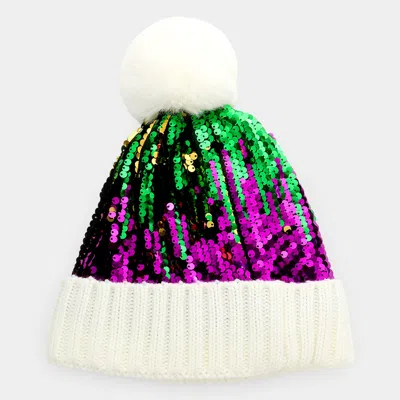 Fashnzfab Mardi Gras Sequin Pom Pom Beanie Hat In Multi