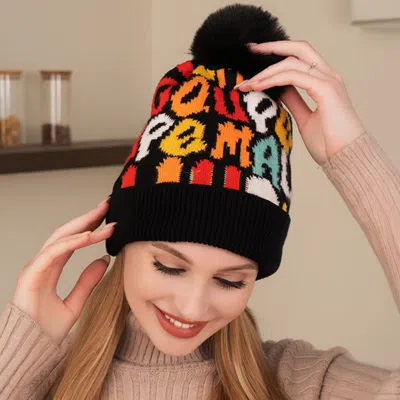 Fashnzfab Faux Fur Pom Pom Colorful Beanie Hat In Multi