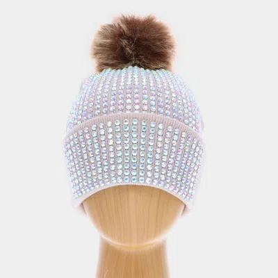 Fashnzfab Double Layer Bedazzled Cuffed Pom Pom Beanie Hat In Multi