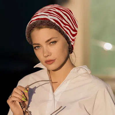 Fashnzfab Fleece Lined Zebra Print Snood Beanie Hat In Red