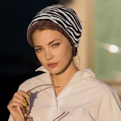 Fashnzfab Fleece Lined Zebra Print Snood Beanie Hat In Black