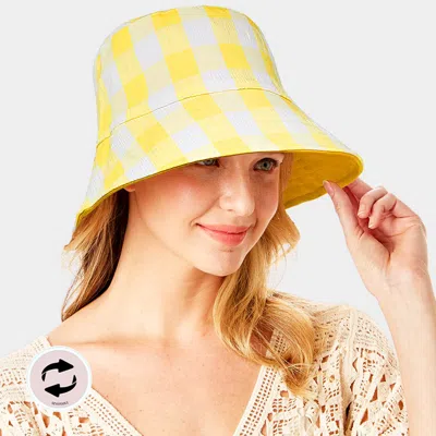 Fashnzfab Wired Brim Plaid Check Patterned Reversible Bucket Hat In Yellow