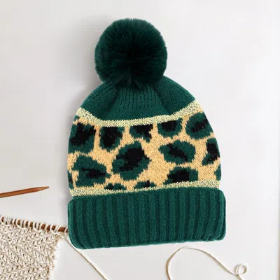 Fashnzfab Leopard Patterned Pom Pom Beanie Hat In Green