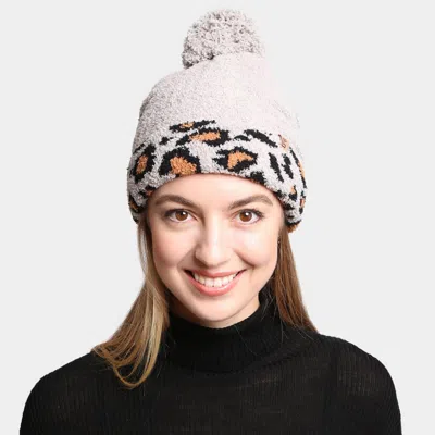 Fashnzfab Solid Color Linked Leopard Accented Pom-pom Beanie In Gray