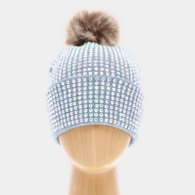 Fashnzfab Double Layer Bedazzled Cuffed Pom Pom Beanie Hat In Gray