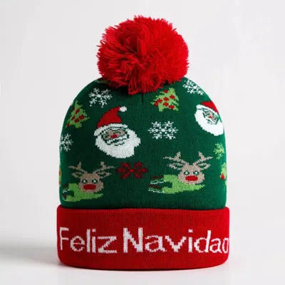 Fashnzfab Feliz Navidad Santa Reindeer Snowflake Pattern Pom Pom Winter Beanie Hat In Multi
