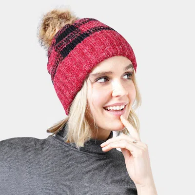 Fashnzfab Buffalo Check Patterned Faux Fur Pom Pom Beanie Hat In Red