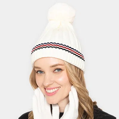 Fashnzfab Stripe Pointed Faux Fur Pom Pom Knit Beanie Hat In Multi