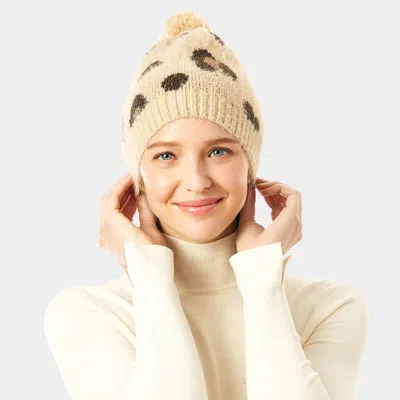 Fashnzfab Soft Fuzzy Leopard Print Beanie Hat With Pom Pom In Sand