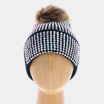 Fashnzfab Double Layer Bedazzled Cuffed Pom Pom Beanie Hat In Black
