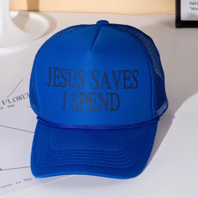 Fashnzfab Jesus Saves I Spend Message Printed Five Panel Mesh Back Trucker Hat In Blue