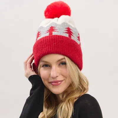 Fashnzfab Holiday Pine Tree Pattern Fleeced Pom Pom Winter Beanie Hat In Red