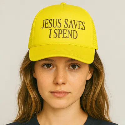 Fashnzfab Jesus Saves I Spend Message Printed Five Panel Mesh Back Trucker Hat In Yellow