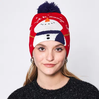 Fashnzfab Let It Snow Message Snowman Snowflake Pom Pom Beanie Hat In Red