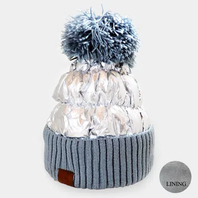 Fashnzfab Fleece Lining Puffer Knit Pom Pom Beanie Hat In Silver